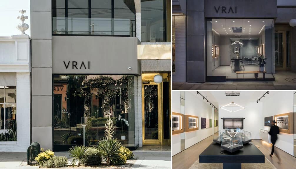 A collage of VRAI's high-design showrooms, featuring minimalist interiors and architectural storefronts, highlighting their unique retail experience as one of the best places to buy engagement rings for modern luxury.