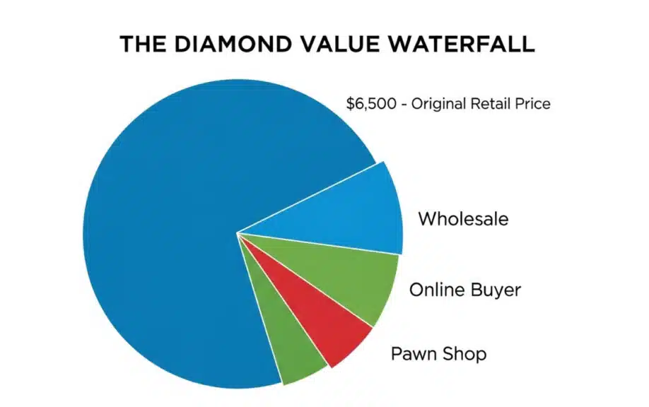 An educational pie chart infographic titled "The Diamond Value Waterfall," designed to visually explain the depreciation and resale value of a diamond ring. The chart starts with the full circle representing the Original Retail Price of $6,500.
Subsequent, smaller slices are cut out of the original value to represent different selling options and their diminishing returns. A blue slice shows the initial drop to Wholesale value. A green slice represents the typical cash offer from a professional Online Buyer. The smallest, red slice, labeled Pawn Shop, visually demonstrates that this is the worst financial option when selling a diamond ring. The chart serves as a powerful visual metaphor to show sellers the reality of diamond pawn prices and why alternatives like an online buyer yield a much better return than a typical pawn shop valuation.