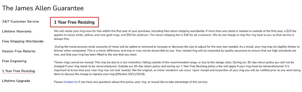 screenshot from james allen website where made the statement of "1 year free ring resizing"