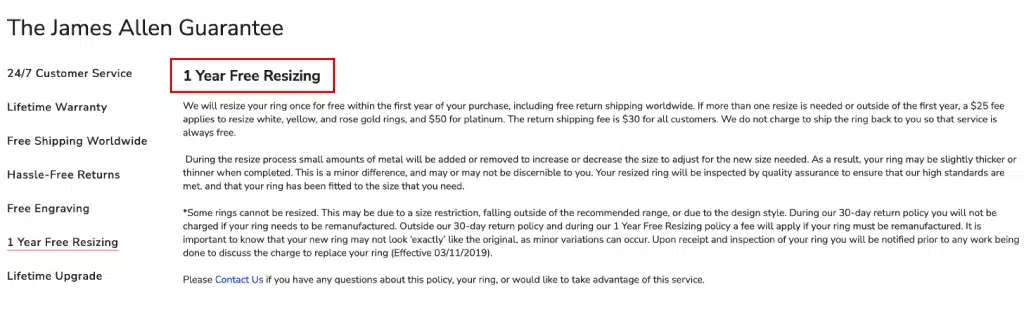 screenshot from james allen website where made the statement of "1 year free ring resizing"