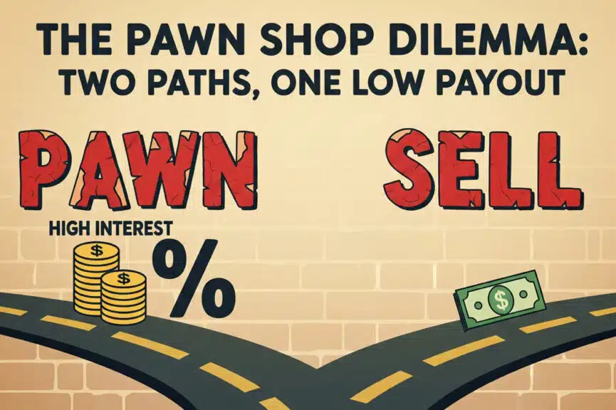 An educational infographic titled "The Pawn Shop Dilemma: Two Paths, One Low Payout." The image illustrates the two choices a customer has when they bring valuable jewelry to a pawn shop, showing a road that splits into two paths.
The left path is labeled "PAWN" with the subtext "HIGH INTEREST." This path leads to icons of stacked coins and a large percentage symbol, visually representing the high-cost loan you receive when pawning jewelry.
The right path is labeled "SELL" and leads to an icon of a single dollar bill, symbolizing the low, one-time cash payout you get when selling a diamond ring or other items outright. The visual metaphor clearly explains why both options at a pawn shop are designed to result in a poor financial outcome for the seller, making it a bad idea for anyone seeking a fair pawn shop valuation.