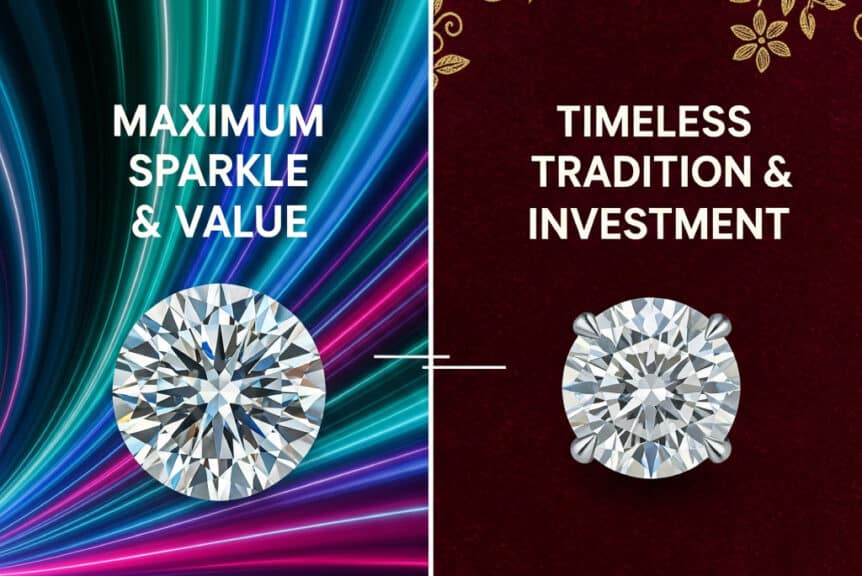A graphic, split-screen style image. The left side shows a brilliant round moissanite against a modern, vibrant background with text overlay "Maximum Sparkle & Value". The right side shows a classic round diamond against a traditional, elegant background with text overlay "Timeless Tradition & Investment".