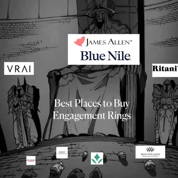 A viral meme format comparing the best places to buy engagement rings, with top-tier online jewelers like James Allen and Blue Nile positioned as superior to traditional retail stores.