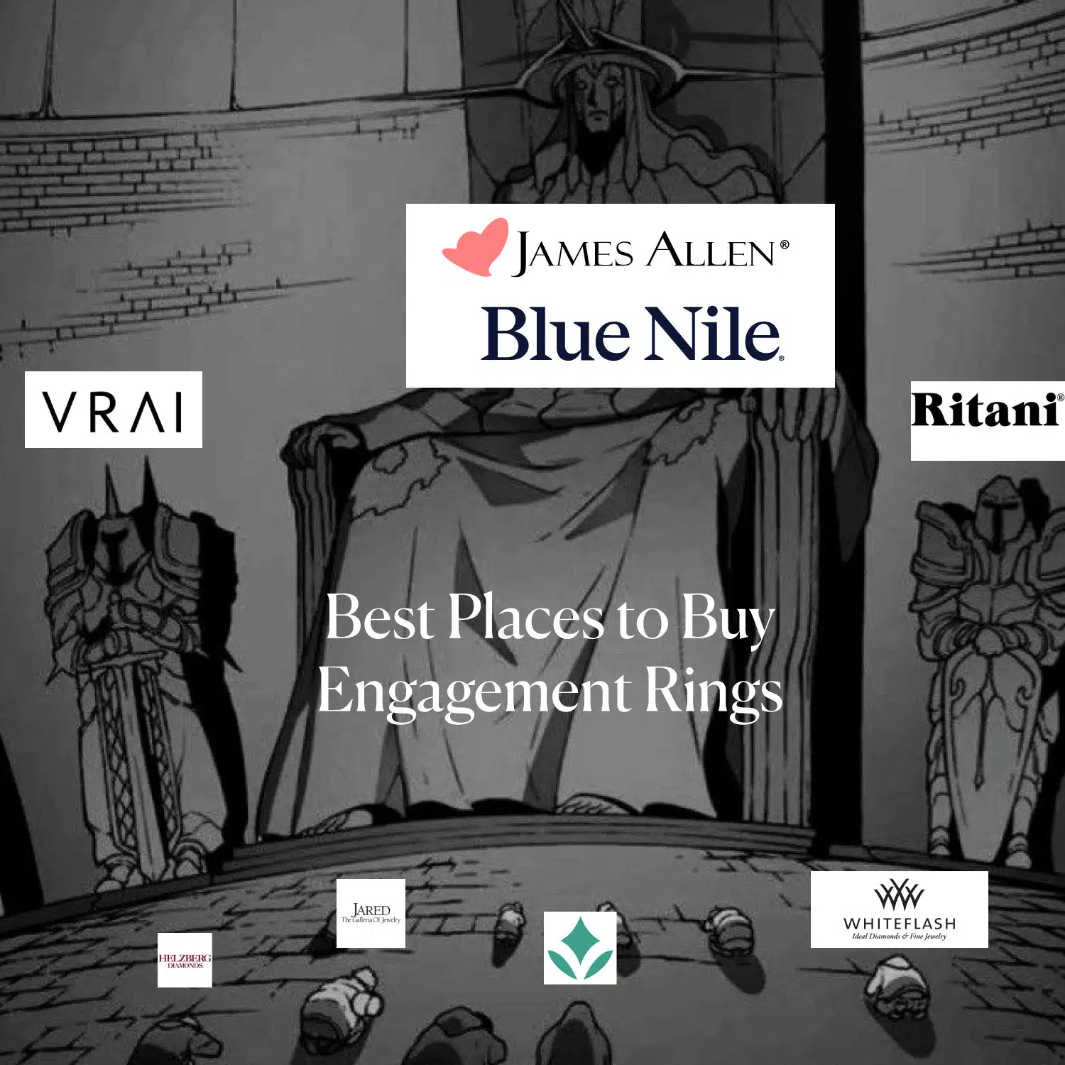 A viral meme format comparing the best places to buy engagement rings, with top-tier online jewelers like James Allen and Blue Nile positioned as superior to traditional retail stores.