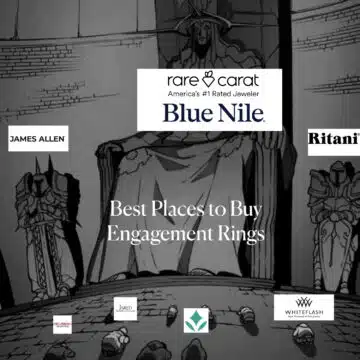 A viral meme format comparing the best places to buy engagement rings, with top-tier online jewelers like James Allen, Blue Nile and rare carat positioned as superior to traditional retail stores.