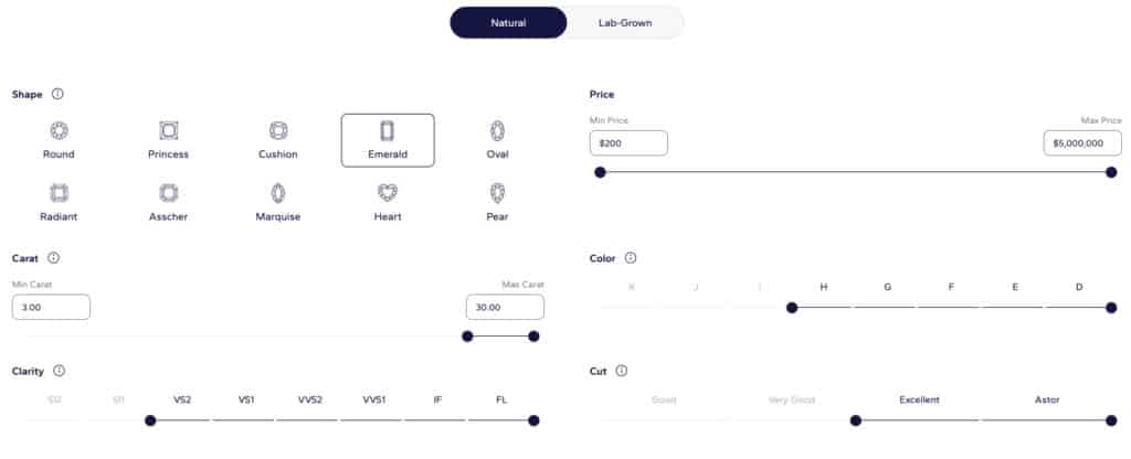 A screenshot showing the Blue Nile diamond search filters being set to find a natural emerald cut diamond with a minimum carat weight of 3.00, H-color, SI2 clarity, and Excellent cut, demonstrating the first step of the buying process.