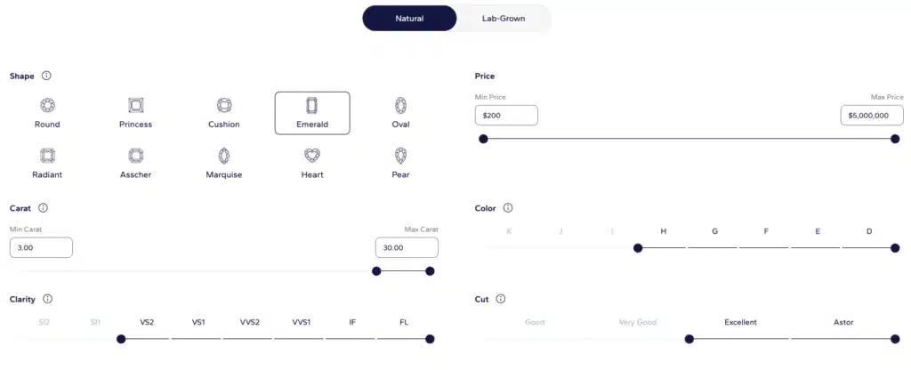 A screenshot showing the Blue Nile diamond search filters being set to find a natural emerald cut diamond with a minimum carat weight of 3.00, H-color, SI2 clarity, and Excellent cut, demonstrating the first step of the buying process.
