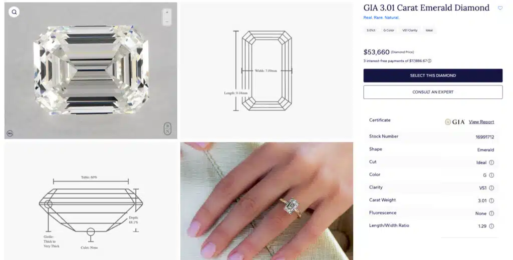 The official GIA certificate for the 3.01 carat natural emerald diamond, which verifies its G color, VS1 clarity, Excellent polish and symmetry, and None fluorescence. A diagram maps out the diamond's minor, non-central inclusions.