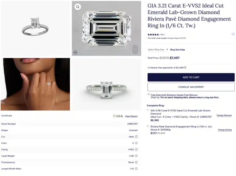 A detailed screenshot of a Blue Nile product page for a GIA-certified, 3.06 carat lab-grown diamond engagement ring. The page displays the "Riviera Pavé Diamond Engagement Ring" featuring an E-color, VVS2-clarity, ideal-cut emerald diamond. The alt text captures multiple product images, including the ring on a model's hand and a magnified view of the diamond's facets. The complete ring breakdown shows the loose lab diamond priced at $6,380 and the pavé setting at a discounted price of $1,117, for a final total of $7,497. A specifications table lists key diamond details like its GIA certificate, ideal cut grade, and lack of fluorescence, making this a comprehensive view for online jewelry shoppers considering a 3-carat lab diamond.