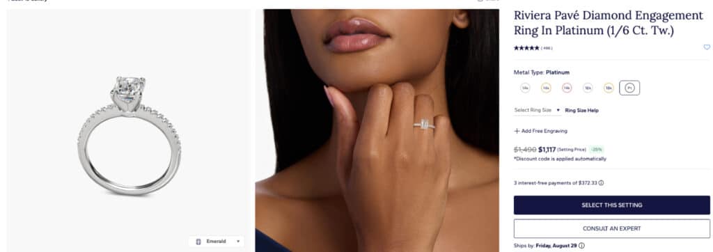 Selecting the Riviera Pavé Diamond Engagement Ring in platinum on Blue Nile. The screenshot shows the price is discounted from $1,490 to $1,117 and includes images of the ring setting on a model's hand.