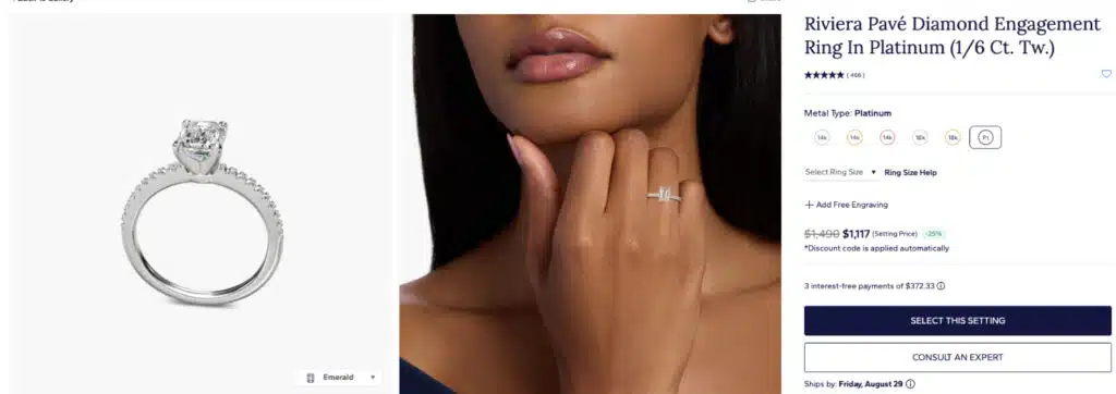 Selecting the Riviera Pavé Diamond Engagement Ring in platinum on Blue Nile. The screenshot shows the price is discounted from $1,490 to $1,117 and includes images of the ring setting on a model's hand.