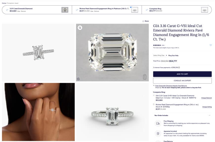 A summary screenshot of the completed Blue Nile engagement ring. It shows the 3.01 carat emerald diamond and the Riviera Pavé setting are combined for a final, total price of $54,777.