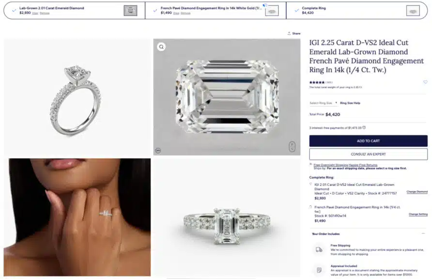 blue nile lab grown diamond 2.01 carat emerald cut completed ring