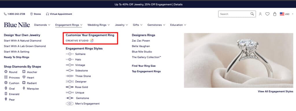 A screenshot showing Step 1 of the Blue Nile build-your-own-ring process. The user's cursor is shown navigating the main menu, with a red box highlighting the "Start With A Setting" option under the "Engagement Rings" dropdown, demonstrating the first click to customize your engagement ring.