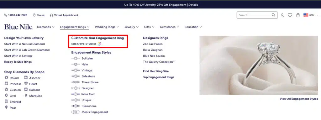 A screenshot showing Step 1 of the Blue Nile build-your-own-ring process. The user's cursor is shown navigating the main menu, with a red box highlighting the "Start With A Setting" option under the "Engagement Rings" dropdown, demonstrating the first click to customize your engagement ring.