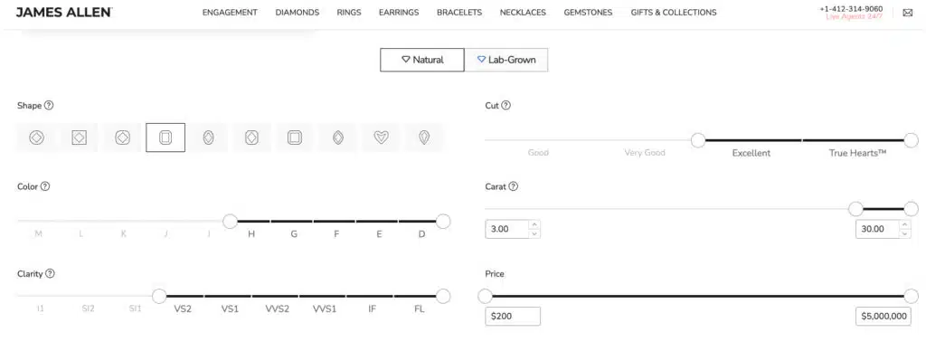 A screenshot of the James Allen search interface with filters set for a Natural emerald cut diamond with a minimum carat weight of 3.00, H-color, and VS1 clarity, showing the precise starting point of our diamond hunt.