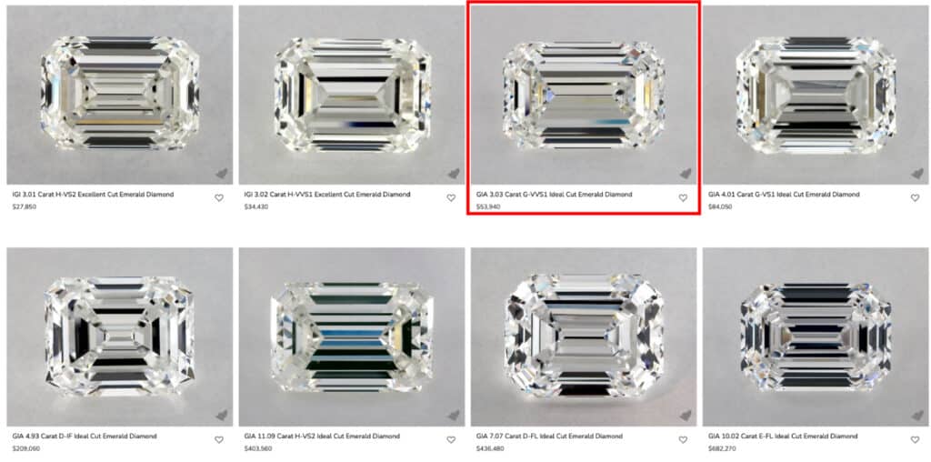 The James Allen search results grid for 3-carat emerald diamonds. A specific GIA 3.03 Carat G-VVS1 Ideal Cut diamond priced at $53,940 is highlighted with a red box to indicate it has been selected for our in-depth analysis.