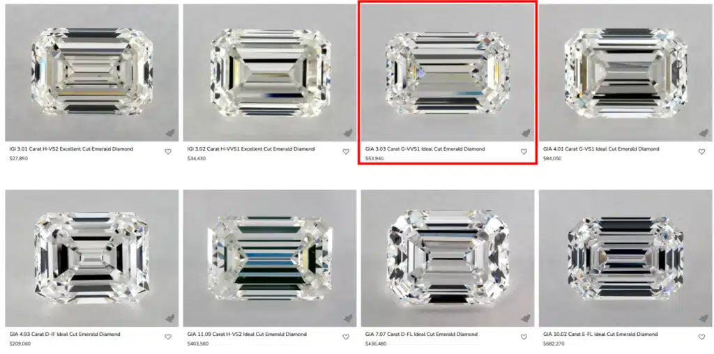The James Allen search results grid for 3-carat emerald diamonds. A specific GIA 3.03 Carat G-VVS1 Ideal Cut diamond priced at $53,940 is highlighted with a red box to indicate it has been selected for our in-depth analysis.