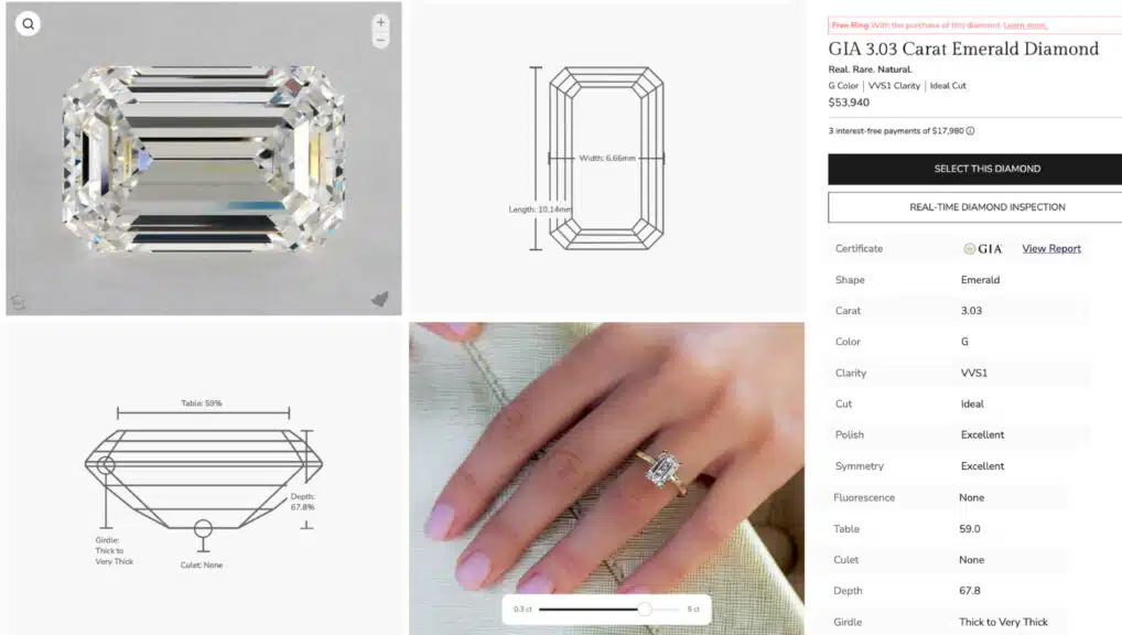 The product page for the $53,940 James Allen 3.03 carat G-VVS1 diamond. The screenshot highlights the high-definition 360-degree inspection video, a key feature for buyer confidence, alongside detailed specs.