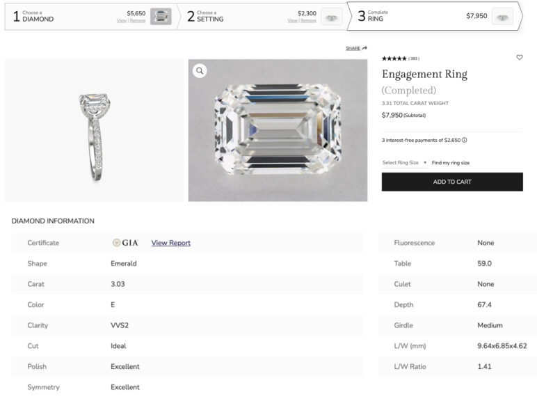 A comprehensive screenshot of the James Allen online ring builder for a custom 3.31 total carat weight engagement ring. The image details the three-step process: choosing a GIA-certified 3.03 carat lab-grown diamond for $5,650, selecting a setting for $2,300, and the completed ring totaling $7,950. The featured diamond is a premium ideal-cut emerald with E-color and VVS2-clarity, and the information table confirms its excellent polish and symmetry grades. The visual display includes a large, magnified image of the lab diamond and a side view of the finished ring on a pavé band, showcasing its design for a potential buyer researching high-quality lab-created diamond jewelry.