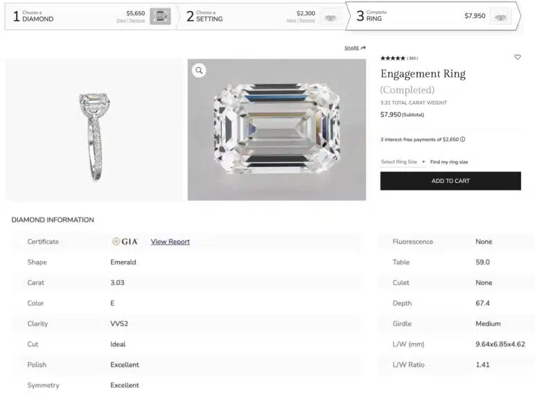 A comprehensive screenshot of the James Allen online ring builder for a custom 3.31 total carat weight engagement ring. The image details the three-step process: choosing a GIA-certified 3.03 carat lab-grown diamond for $5,650, selecting a setting for $2,300, and the completed ring totaling $7,950. The featured diamond is a premium ideal-cut emerald with E-color and VVS2-clarity, and the information table confirms its excellent polish and symmetry grades. The visual display includes a large, magnified image of the lab diamond and a side view of the finished ring on a pavé band, showcasing its design for a potential buyer researching high-quality lab-created diamond jewelry.