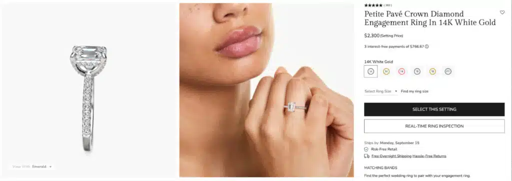 Selecting the Petite Pavé Crown Diamond Engagement Ring in 14k White Gold on James Allen. The screenshot shows the price is $2,300 and includes lifestyle images of this specific, intricate setting.