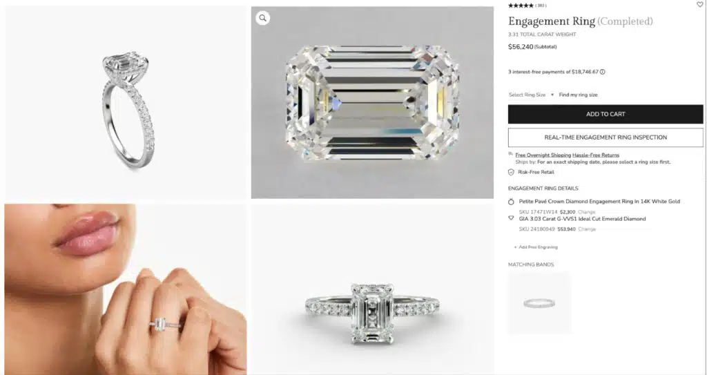 A summary screenshot of the completed James Allen engagement ring, showing the 3.03 carat G-VVS1 emerald diamond and Petite Pavé Crown setting combined for a final, total price of $56,240.
