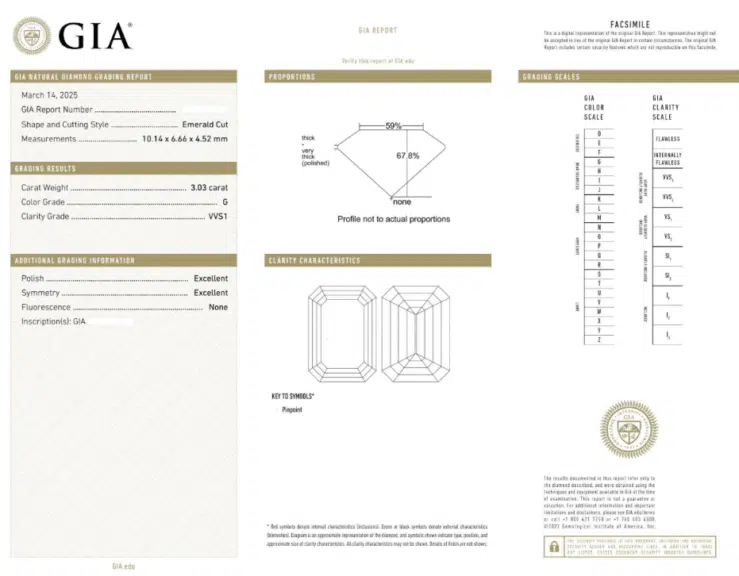 The official GIA certificate for the 3.03 carat James Allen emerald diamond, verifying its G color and superior VVS1 clarity. The plotting diagram shows only minimal "Pinpoint" inclusions, confirming its exceptional purity.