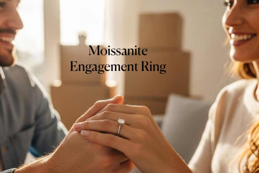 An uplifting, bright photo of a smiling couple's hands clasped together, with a brilliant moissanite engagement ring on the woman's finger catching the light. The setting is a casual, sunlit living room with moving boxes in the background, subtly suggesting they saved money for their first home.