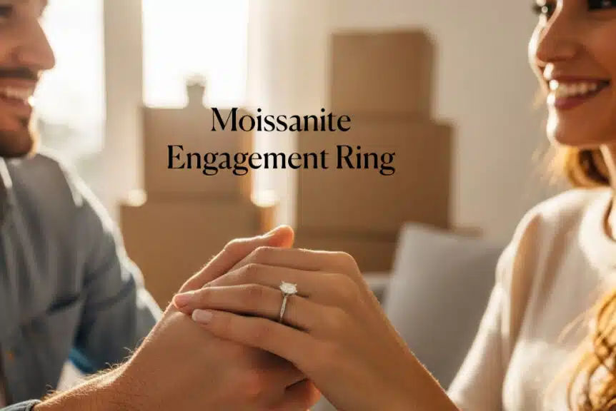 An uplifting, bright photo of a smiling couple's hands clasped together, with a brilliant moissanite engagement ring on the woman's finger catching the light. The setting is a casual, sunlit living room with moving boxes in the background, subtly suggesting they saved money for their first home.