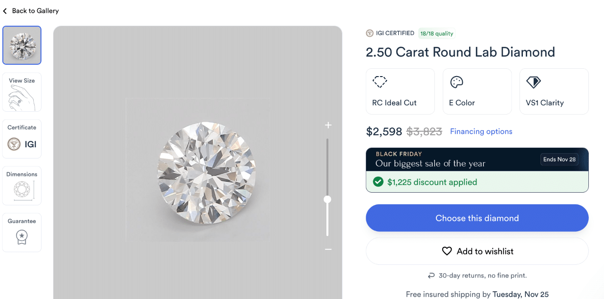 Rare Carat product page showing a spectacular deal on a 2.50 Carat Round Lab Diamond with IGI certification, E Color, and VS1 Clarity for the discounted price of $2,598, showcasing high-value lab diamond inventory.