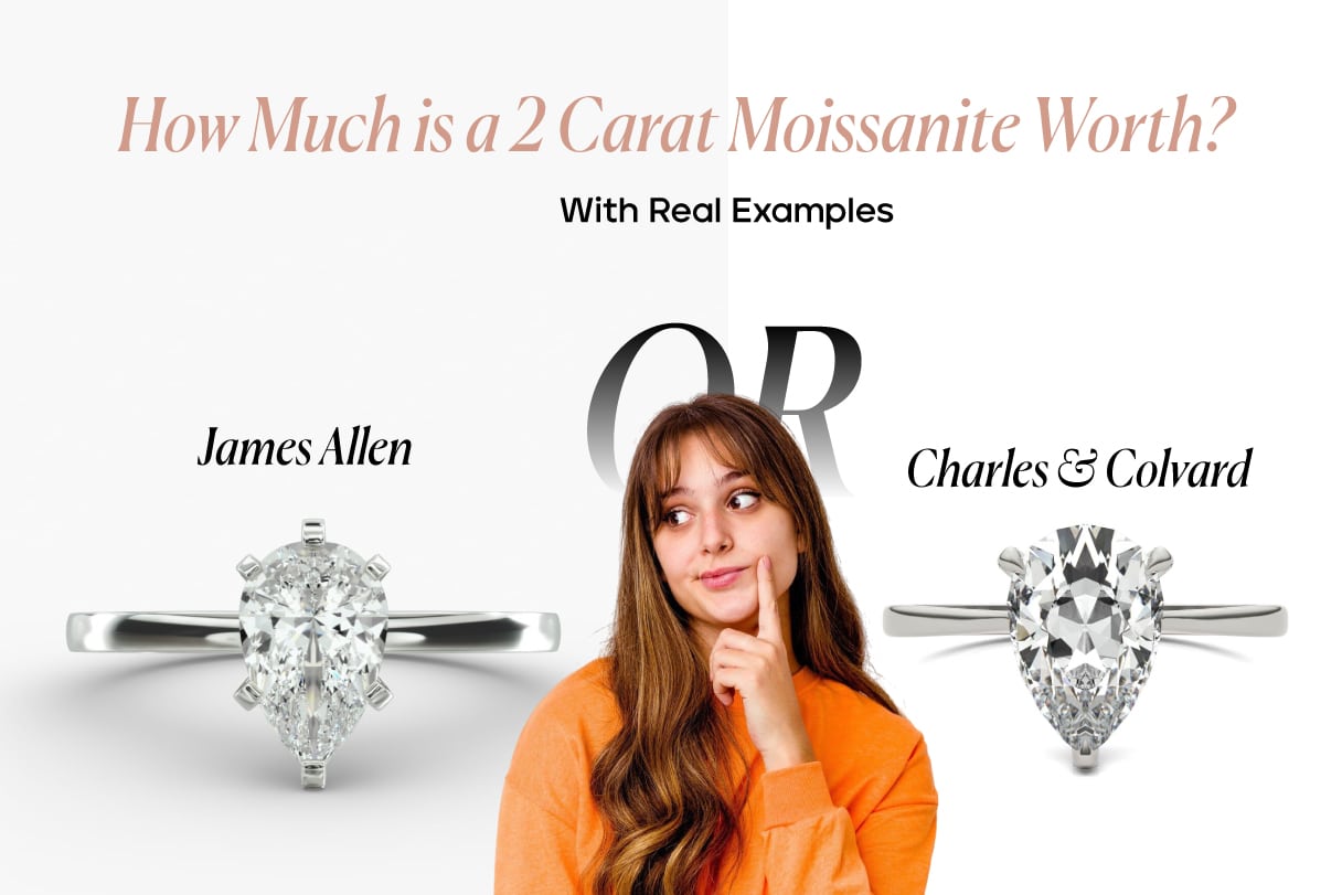 Feature image for a blog post titled "How Much is a 2 Carat Moissanite Worth? With Real Examples." The image shows a young woman looking contemplatively between two 2 carat pear-shaped moissanite rings, one labeled "James Allen" and the other "Charles & Colvard," suggesting a comparison.