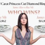 Comparison of a 2 carat princess cut diamond ring from James Allen ($14,870) versus Blue Nile ($15,862), with a woman looking indecisive about which one to choose.