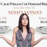 Comparison of a 2 carat princess cut diamond ring from James Allen ($14,870) versus Blue Nile ($15,862), with a woman looking indecisive about which one to choose.