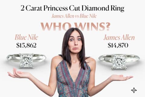 Comparison of a 2 carat princess cut diamond ring from James Allen ($14,870) versus Blue Nile ($15,862), with a woman looking indecisive about which one to choose.