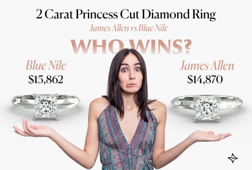 Comparison of a 2 carat princess cut diamond ring from James Allen ($14,870) versus Blue Nile ($15,862), with a woman looking indecisive about which one to choose.