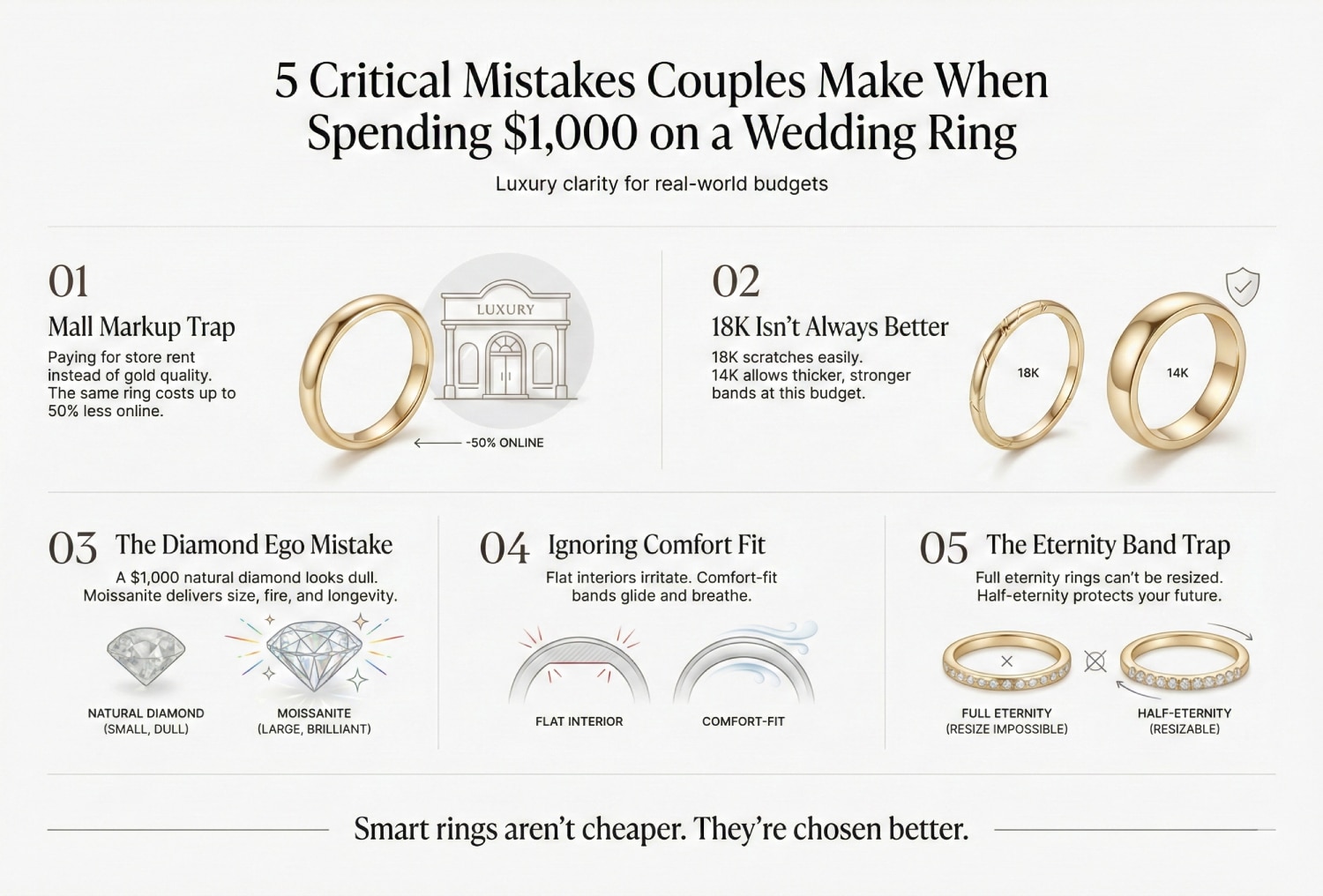 An infographic titled "5 Critical Mistakes Couples Make When Spending $1,000 on a Wedding Ring". It lists mistakes: 1. Mall Markup Trap (paying for rent), 2. 18K Isn't Always Better (14K is stronger), 3. The Diamond Ego Mistake (Natural diamonds at this price are dull), 4. Ignoring Comfort Fit, and 5. The Eternity Band Trap (Full eternity cannot be resized).