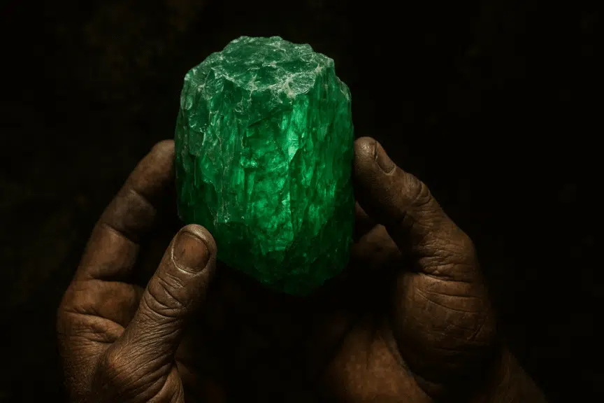 A close-up shot of a large, rough, and unpolished emerald crystal with a vivid green color. It is being held gently by two hands against a dark background, highlighting the raw, natural beauty and texture of the gemstone. The light reflects off the jagged, uncarved surfaces of the emerald.
