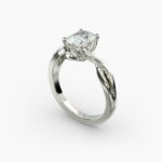 A close-up side view of a 3.5 carat radiant cut diamond ring, showcasing the narrow 1.80mm platinum band and the subtle Twist Solitaire Plus details.