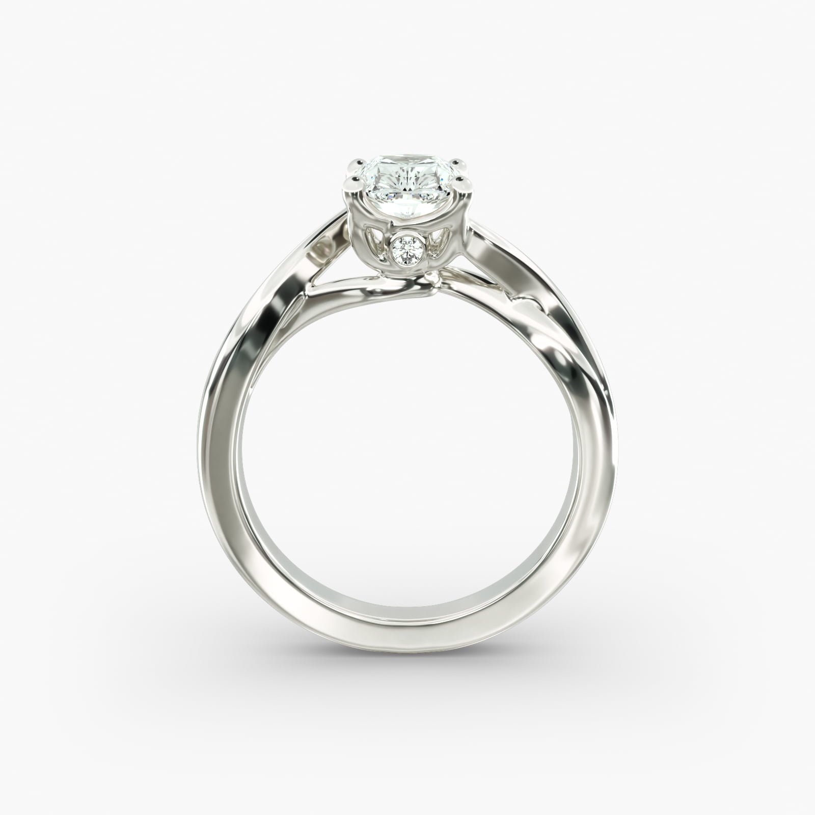 A close-up side view of a 3.5 carat radiant cut diamond ring, showcasing the narrow 1.80mm platinum band and the subtle Twist Solitaire Plus details.