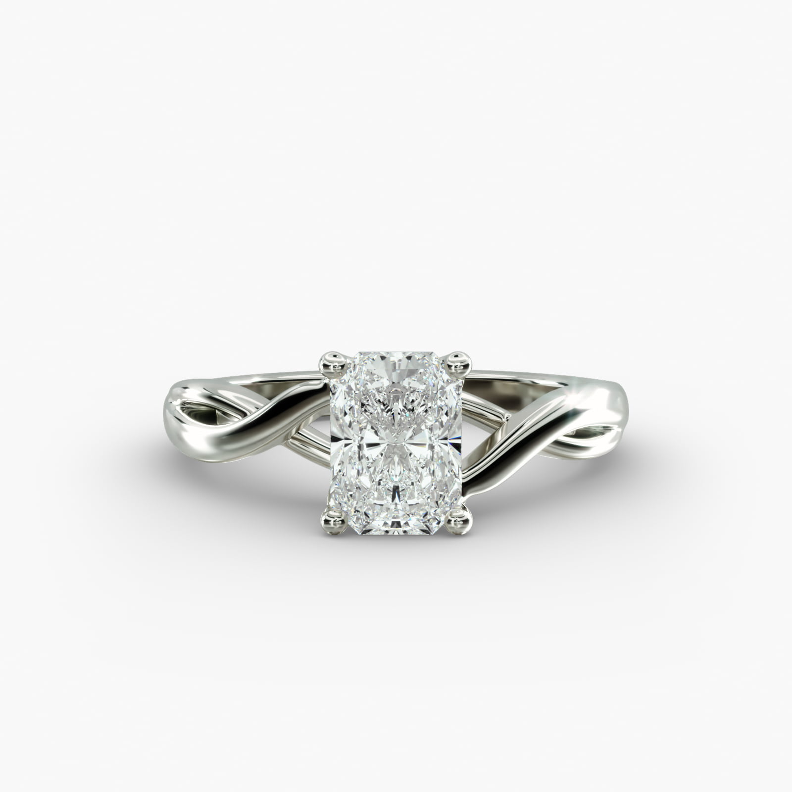 A close-up side view of a 3.5 carat radiant cut diamond ring, showcasing the narrow 1.80mm platinum band and the subtle Twist Solitaire Plus details.
