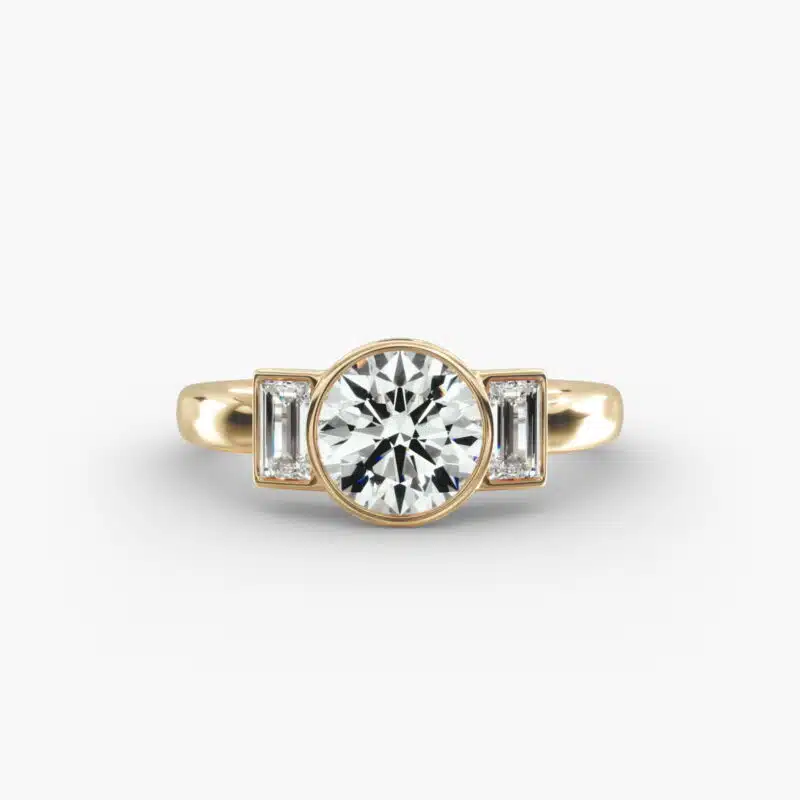 Bezel Three Stone Hearts and Arrows Diamond Engagement Ring in 18K Yellow Gold