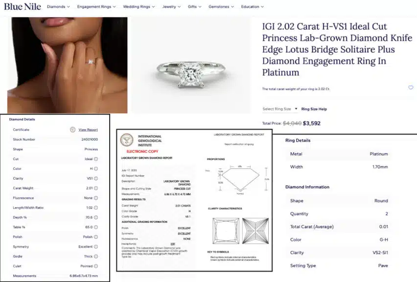 A summary screenshot of a completed lab-grown ring on Blue Nile, detailing a 2.01 carat H-VS1 princess diamond in a platinum setting for a final price of $3,592.