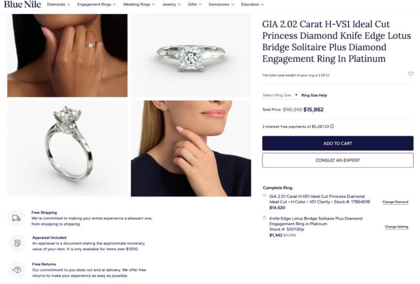 A summary screenshot of the completed Blue Nile ring, showing a 2.01 Carat H-VS1 princess diamond in a platinum setting, with a final, total price of $15,862.
