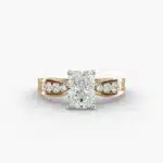 A close-up view of a 2.5 carat radiant cut diamond ring in 14k yellow gold, highlighting the channel-set diamonds.