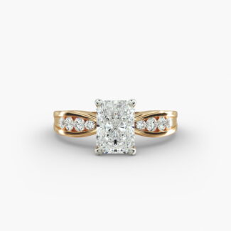 A close-up view of a 2.5 carat radiant cut diamond ring in 14k yellow gold, highlighting the channel-set diamonds.