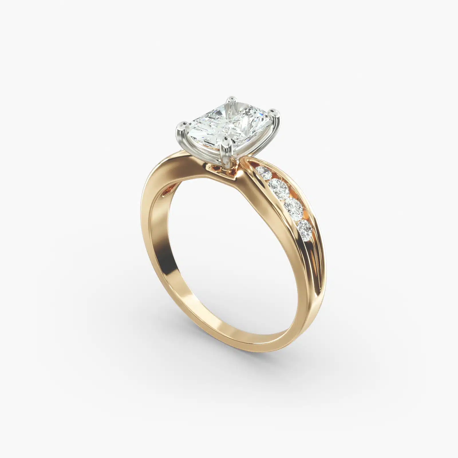A close-up side view of a 2.5 carat radiant cut diamond ring in 14k yellow gold, highlighting the channel-set diamonds.