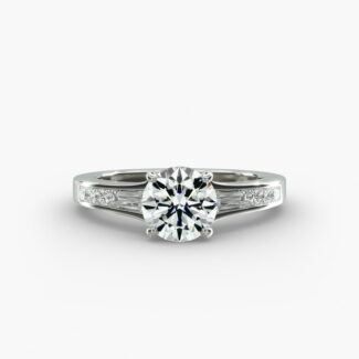 A close-up studio shot of a **Hearts and Arrows Diamond Engagement Ring**, highlighting the precise cut of the main diamond and the sleek, geometric lines of the tapered baguette side diamonds in a platinum setting.