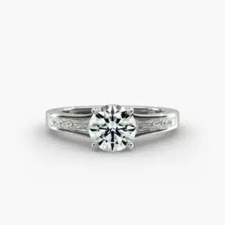 A close-up studio shot of a **Hearts and Arrows Diamond Engagement Ring**, highlighting the precise cut of the main diamond and the sleek, geometric lines of the tapered baguette side diamonds in a platinum setting.