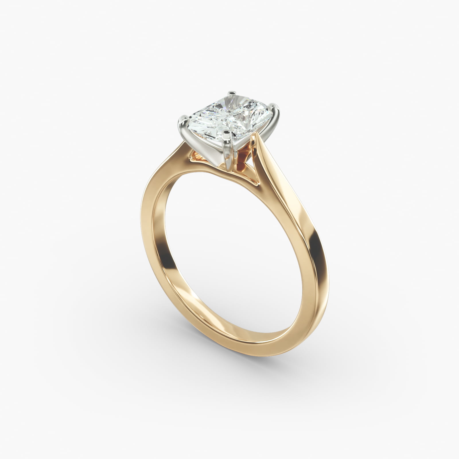A close-up side view of a 3 ct radiant cut diamond ring, highlighting the Petite Cathedral setting and the elongated shape.